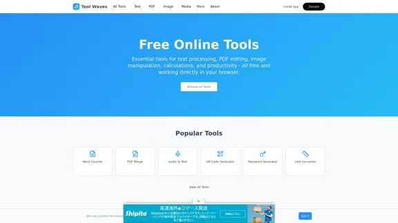 ToolWaves - Необходимые бесплатные инструменты для обработки текста, редактирования PDF, работы с изображениями, вычислений и повышения продуктивности.