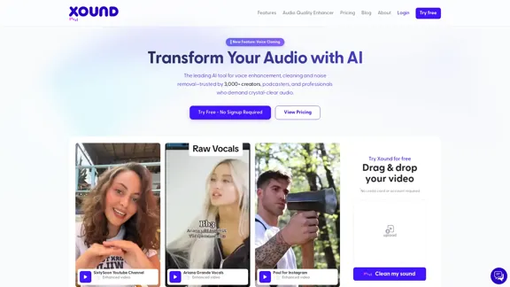 Xound.io - AI语音清理与去除背景噪音，适用于YouTuber、TikToker、播客和内容创作者