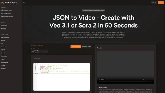 JSON to Video - 具有Veo 3.1和Sora 2的AI视频生成器