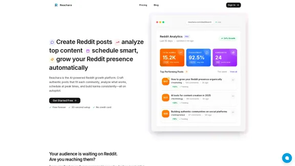 Reachara - Aumenta tu presencia en Reddit con publicaciones impulsadas por IA, análisis inteligentes y conocimientos sobre subreddits.