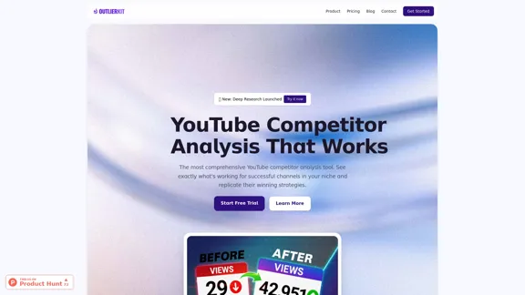 OutlierKit - Ferramenta avançada de análise de concorrentes do YouTube que revela o que está funcionando para os principais canais.