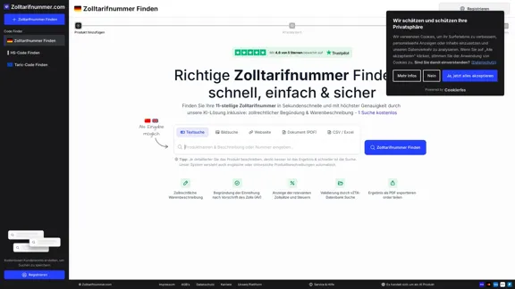 Zolltarifnummer.com - 快速且安全地使用人工智慧查找和確定關稅編號
