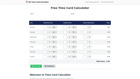 Time Card Calculator - Calcule Horas de Trabalho