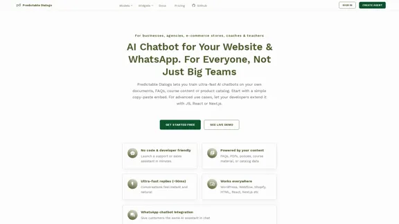 Predictable Dialogs - Chatbot de IA para sitios web y WhatsApp. Sin código y amigable para desarrolladores.