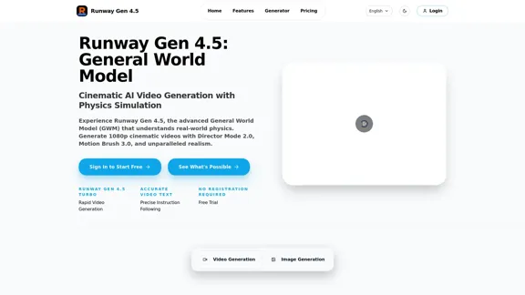 Runway Gen 4.5 AI - Modelo Mundial General Avanzado para la Generación de Videos Cinematográficos