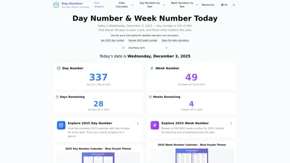 Day Number & Week Number Today - Find out what day of the year it is.