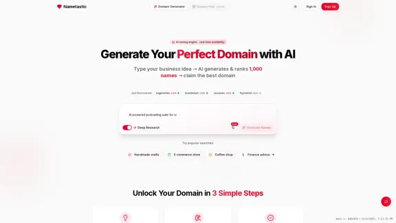 AI 驅動的域名生成器 - 即時發現創意且可用的域名