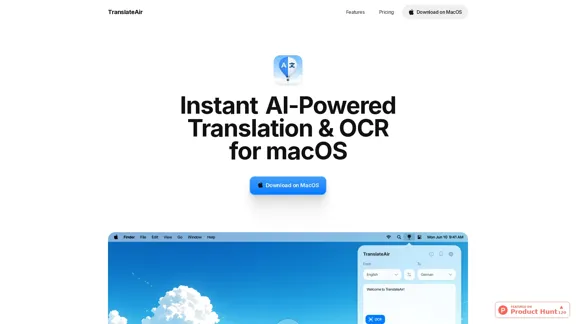 TranslateAir - 基于人工智能的翻译和光学字符识别（OCR）适用于macOS