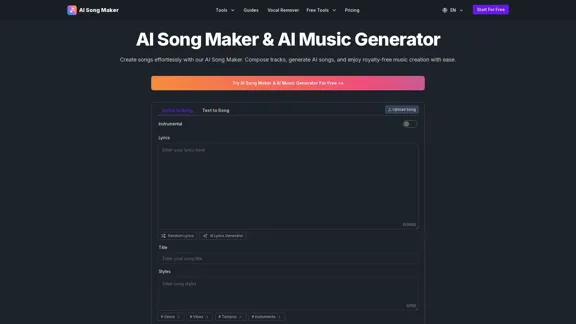 AI歌曲制作器 - AI音乐生成器，用于免版税歌曲
