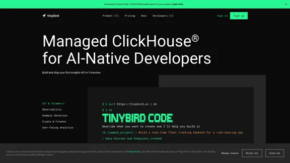 Tinybird - Verwaltetes ClickHouse® für KI-native Entwickler