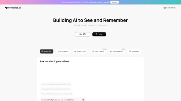 Memories.ai: AI Video Analysis to Unlock Large-scale Video Insights with Advanced AI Techniques | Video Analytics Tools & Intelligent Video Processing, Understanding, and Analysis.