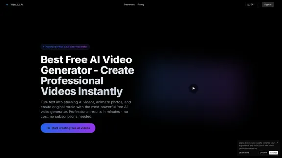 Wan 2.2 AI Video Generator | Générateur de vidéos gratuit à partir de texte, d'images et de musique AI