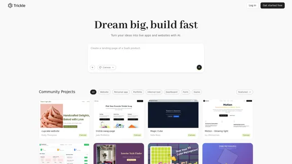 Trickle - Magic Canvas - Transforme suas ideias em aplicativos e sites ao vivo com IA.