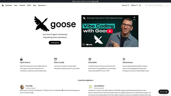 Goose - Your open source AI agent for effortlessly automating engineering tasks.