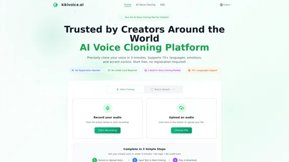 KikiVoice - Free AI voice cloning platform with 99% similarity in over 75 languages.